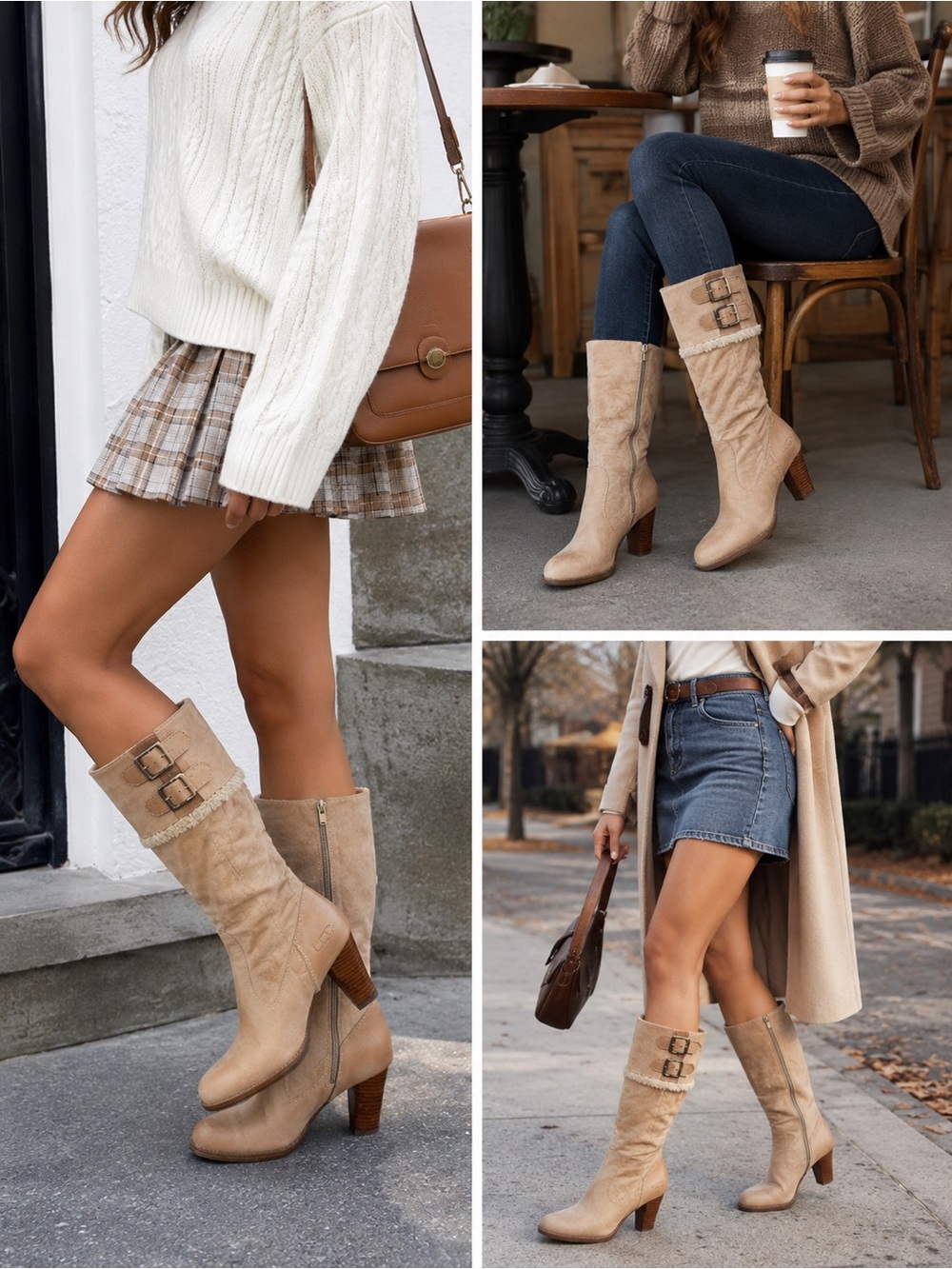 UGG Australia Women’s 7.5 Tan Leather Suede Tall Heeled Buckle Boots Shearling